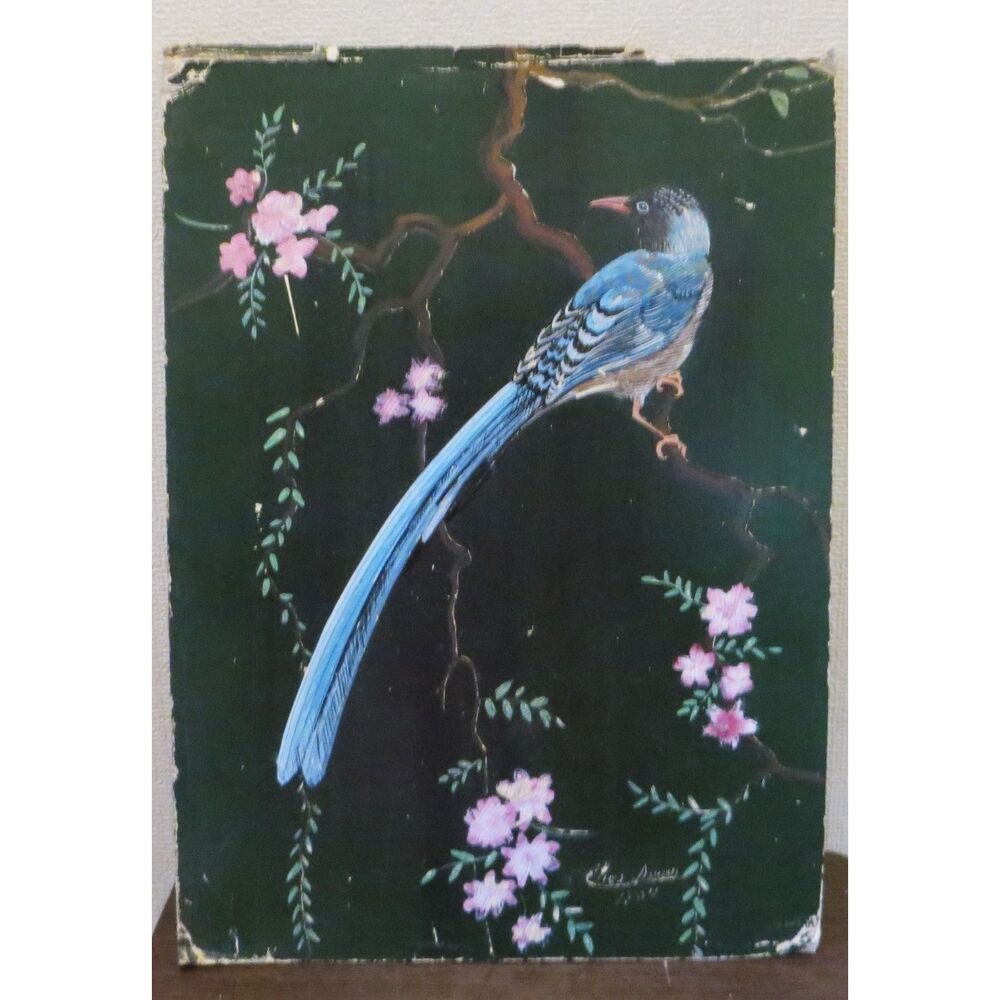 Long Tail Exotic Blue Bird & Pink Blossoms~ Hand-Painted Lacquer Asian-inspired